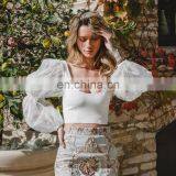 2020 New Street Look Women Autumn Lantern Sleeve Mesh Stitching Long-sleeved Multi Color Crop Top thumbnail-1