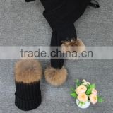 Japanese korean style winter knitting super raccoon fur ball decoration knitting hat scarf