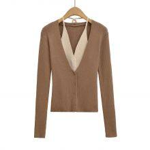 Color-block Faux Two-piece Knitted Sweater for Women, 2025 Autumn New French-style Chic V-neck Halter Slim-fit Long-sleeve Sweater