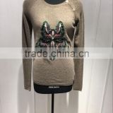 BGAX16136 Embroidery high quality cashmere sweater , ladies round neck reglan sleeve knitwear