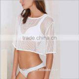 Custom Women Simple Design White Mesh Beach Loose Crochet Dress Hollow Tunic Beach Cover Up thumbnail-1