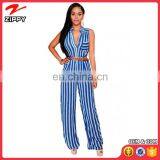 OEM Service High Quality Fashion Sexy Stripes Button Front Belted Jumpsuit thumbnail-3