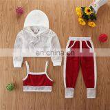 Girls' Hooded Mesh Blouse and Suspenders Matching Trousers 3 Piece Girl Boutique Summer Suit thumbnail-1