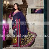 Gold and navy blue Party wear Saree