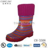 Colored Strip Printing Rubber Boot for Child With Knitting Wool Colar