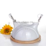 Hot selling white double style ceramic olive oil bottles with wooden holder