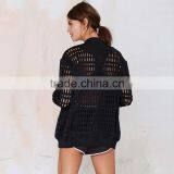 HAODUOYI Autumn Sexy Hollow Out Black Long Sleeve Button Down Mesh Bomber Jacket Casual Coat thumbnail-3