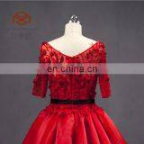 Supplier In China Shiney Short Sleeve Ball Gown Organza Handmade Flower Beaded Red Prom Dress thumbnail-5