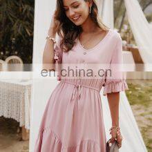 Wholesale Custom-made Women's Clothing Western-style Summer Solid Color Temperament to Work Leisure Pure Color Breathable Dress thumbnail-3
