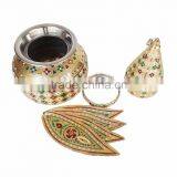 GOLDEN FLOWER DESIGNED S.S. MEENAKARI KALASH-COCONUT With 4 LEAVES- G.M. (10" x 5.5" x 5.5" INCHES) thumbnail-2