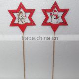 Laser Christmas Wooden red stars shape Stick with snowman/angel onament cheap XMAS garden decoration stick
