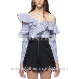 2017 Summer New Style Navy Stripe Jumpsuit Long Sleeve One Shoulder Lotus Neck Cotton Top and Mini Lace Pant Sets thumbnail-2