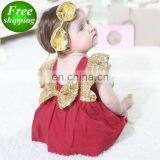 Ins 2019 SUMMER Fly Sleeved Sequins Baby Bodysuits Kids Backless Cotton Rompers Jumpsuits Red & Green thumbnail-1