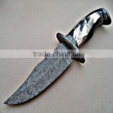 A BASKET WEAVE MOSAIC DAMASCUS HANDMADE QUALITY HONEY HORN HANDLE DAMASCUS STEEL HUNTING BOWIE KNIFE