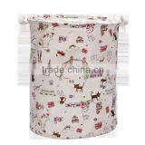 Printed Cute Round Waterproof Drastring Basket Hamper , Bathroom Printed Cotton Laundry Basket