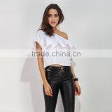 New Style White Lotus Leaf off Shoulder Ladies Crop Top Latest Blouse Designs for Back thumbnail-3