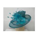 Blue Sinamay Ladies Hats Trimmed With Two Elegant Shaped Feather Flower , Leaves
