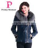 2015 New Design Women Leather Winter Jacket With Short Silver Fox Hat Overcoat
