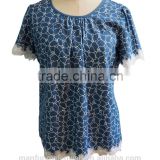Floral Print Chambray Denim Round Collar Short Sleeve and Hem With Flower Lace Top Blouse