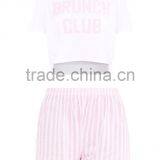 Custom Design Ladies Cotton Pajamas Text Print Top With Stripes Shorts Pink Pyjama 2 Pieces Nightwear thumbnail-4