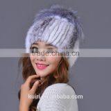 100% Real Knitted Mink Fur Hat With Large Silver Fox Fur Pom Poms Beanies Elegant Women Natural Fur Cap thumbnail-2