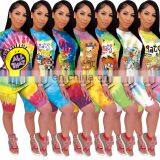Wholesale Women Tie Dye and Printing 2 Two Piece Bodycon Outfit T Shirt and Short Sets thumbnail-1