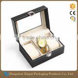 Custom Personalized 3 Slot Black Leather Watch Storage Box With Clear Lid