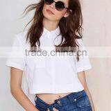 Lady's Slim Cotton Collared Solid White Shirt Short Sleeve Blouse thumbnail-2