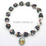 8mm Azure Heart-shaped Beads Bracelet ,4mm Plastic Pearl Bracelet ,stretched Beads Bracelet With Double-faced Medal thumbnail-1