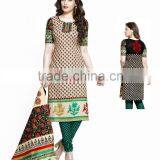 Ethnic Print Design With Beige and Black Color Flower Cotton Dress Material