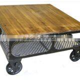 Industrial Rustic Wood Top Coffee Table With Wheels thumbnail-1