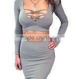 Pictures of Long Skirts and Tops for Sexy Womens 2Pcs Crop Top Midi Skirt Stretch Party Bandage Dresses thumbnail-4