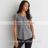 Tagless comfort lace up raglan scoop bottom women t shirt with distressed