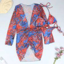 3 Pieces Ladies Women Printed Sexy Swimsuit Bikini Swimwear With Cover-Up thumbnail-2