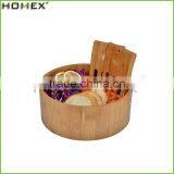 Natural Round Bamboo Wooden Salad Bowl Stand With Salad Hands/Homex_Factory thumbnail-1