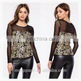 OEM Cheap Fancy Gold-toned Sequins Long Sleeves Women Floral Top Blouse thumbnail-1