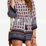 China Factory Wholesale Fashion Design Tribal Print Tassel-Tied Romper Women thumbnail-3