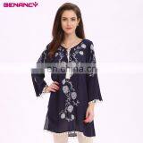 Long Flare Sleeve Contrast Embroidery Ladies Tunic Blouse With Ponpon