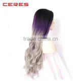 Women Synthetic Lace Front Wigs Cheap Heat Resistant Natural Wavy 3 Tones Dark Roots Purple Grey Hair Wig