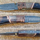 A SMART/SLIM/BRILLIANT BUFFALO HORNWITH WHITE HORN AND CAMEL HANDLE DAMASCUS STEEL POCKET HUNTING KNIFE