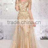 New Gold Long Sleeve Full Length Scoop Neck Evening Dresses for Veiled thumbnail-1