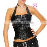 Women Black Neck Leather Corset Tops Cheap And High Quality thumbnail-1
