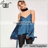 Stylish Sweet Girl Blouses Cold Shoulder Long Sleeve Satin Tops thumbnail-1