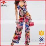 2017 New Fashion Summer Beach Tie Back Floral Pink Print Ladies Casual Ruffle Long Women Jumpsuit
