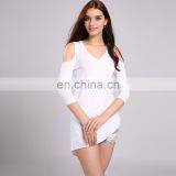 Women Off The Shoulder Long T-Shirt Wholesale Design Irregular Hem Blank T-Shirt thumbnail-4