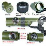 High Quality 7 in 1 Safty Whistle With Camping Survival Whistle Compass Thermometer LED Flashlight Fire Magnifier