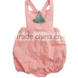 Peach Gingham Kid's Romper Baby Girls Check Cotton Boho Tassles Bubble thumbnail-1