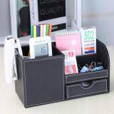 Wooden Struction Leather Multi-function Desk Stationery Organizer Storage Box Pen/Pencil,Cell Phone, Business Name Cards Remote Control Holder With Small Drawer Black thumbnail-2