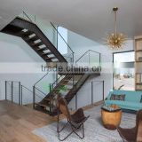 U shape steel stairs double stringer staircase with timber steps and wire balustrade