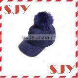 Women's Faux Leather Fur Pom Pom Adjustable Baseball Cap thumbnail-6